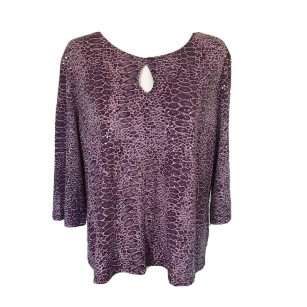 KIM & Company 3/4 Sleeve Top Purple Reptile Print Sequined Size XXL 2XL